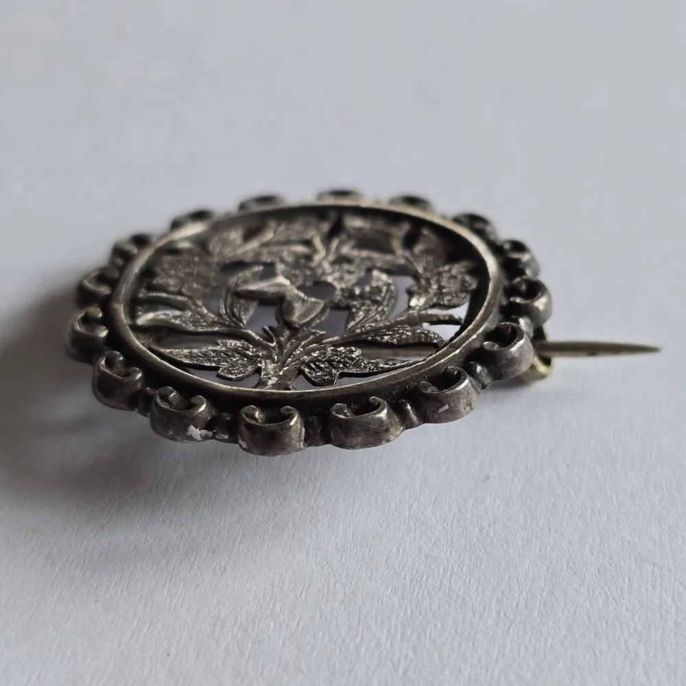 Antique floral brooch Victorian flowers silver tone cutout vintage old pin